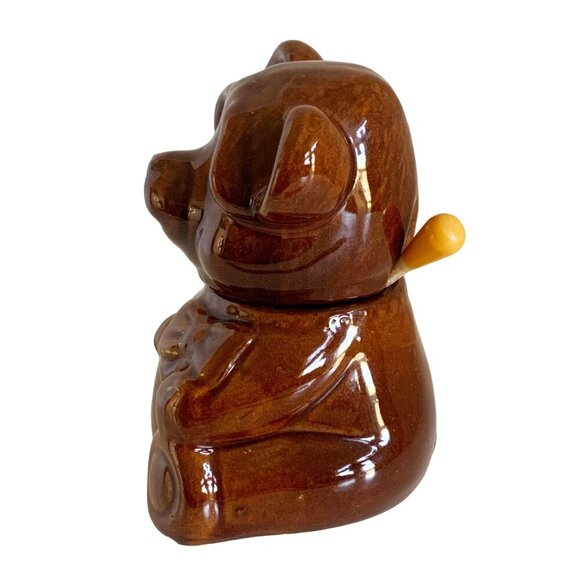 Vintage Houston Foods 1982 Honey Pot Solid Brown Bear With Original Dipper - Picture 2 of 11
